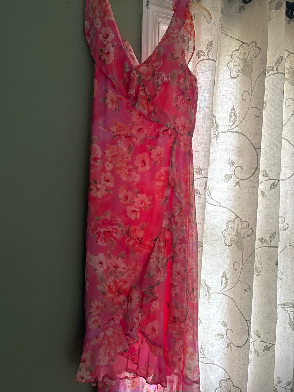 Pink Floral Wrap Midi Dress with Ruffle Detail